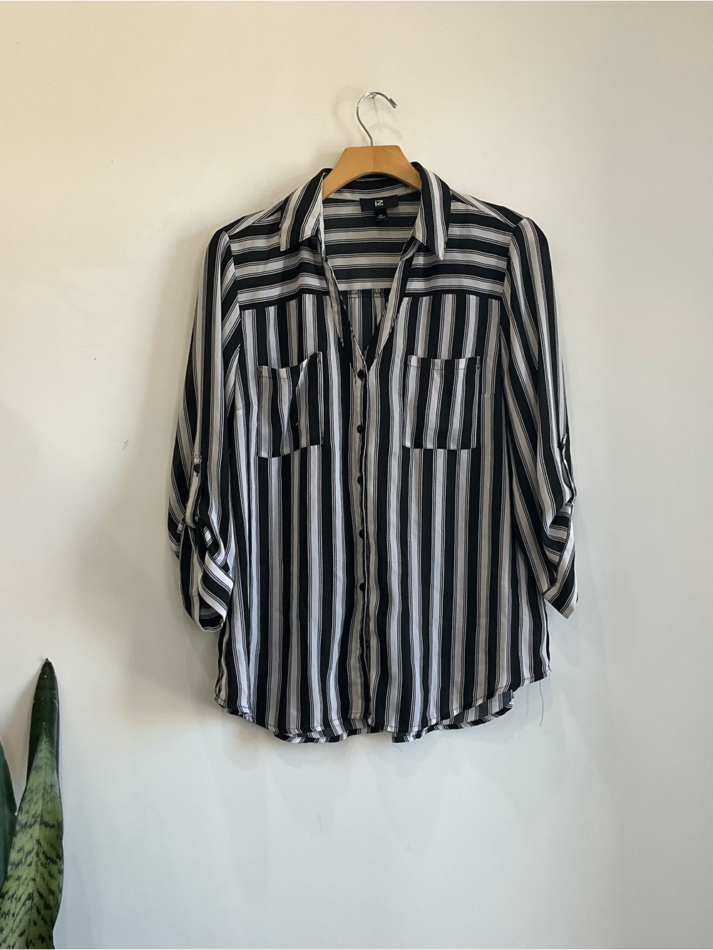 Iz Byer Black and White Vertical Stripe Button-Down Shirt